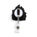 A black flame-shaped retractable badge reel rear shiftbuds