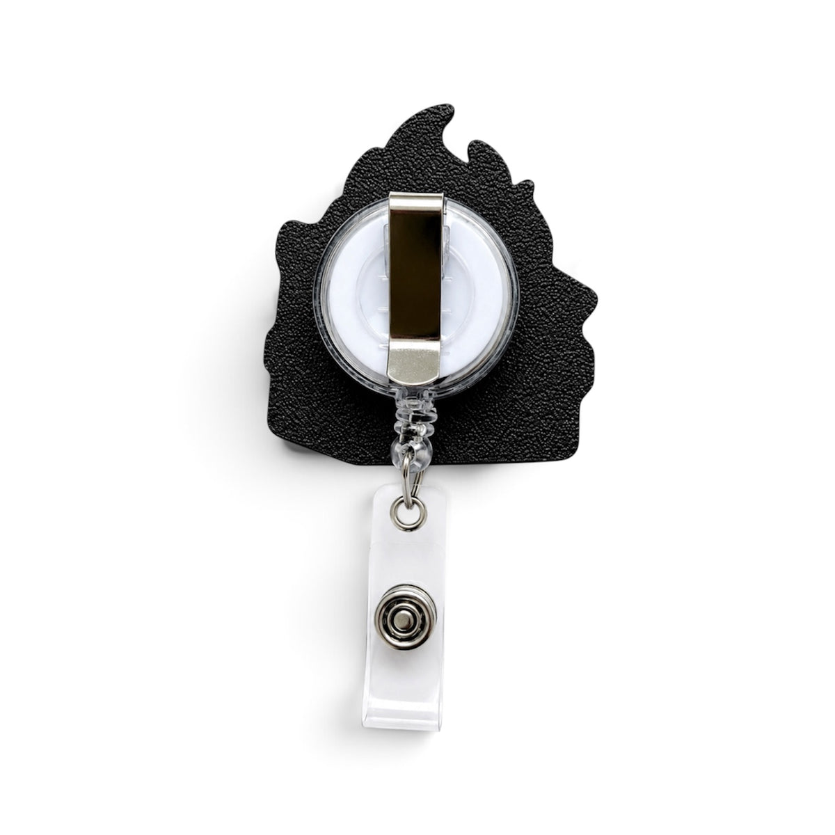 A black flame-shaped retractable badge reel rear shiftbuds